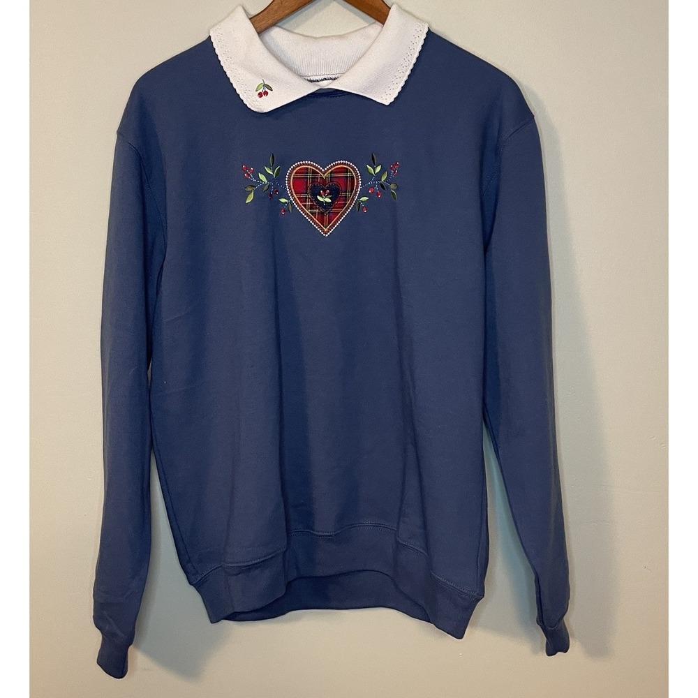 Vintage Country Store Blue Sweater Heart Collared Size M Valentines‎